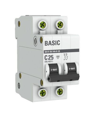 Автоматический выключатель 2P 25А (C) 4,5кА ВА 47-29 Basic (mcb4729-2-25C). Автоматический выключатель. EKF в Батайске