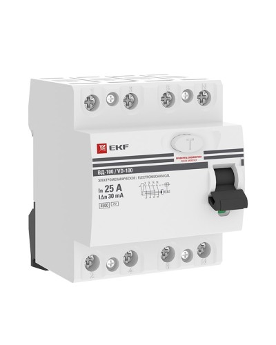 УЗО ВД-100 4P 25А 30мА тип AC эл-мех  PROxima (elcb-4-25-30-em-pro). Выключатель дифференциального тока (УЗО). EKF в Батайске